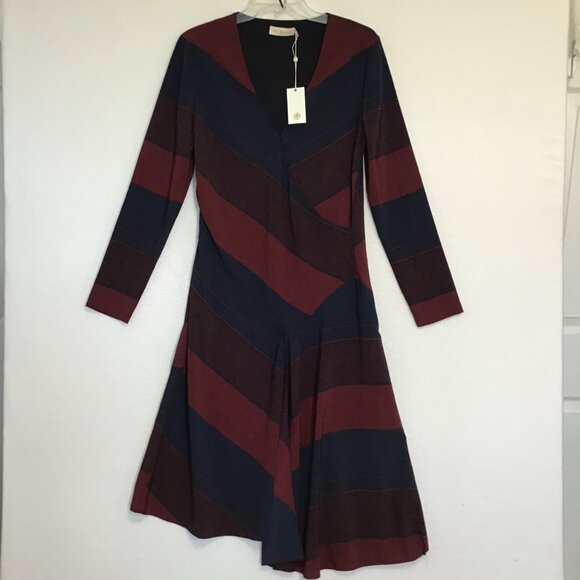NWT Tory Burch Lyon Navy and Burgundy Strip V-Neck Dress Size 4 - Picture 7 of 14
